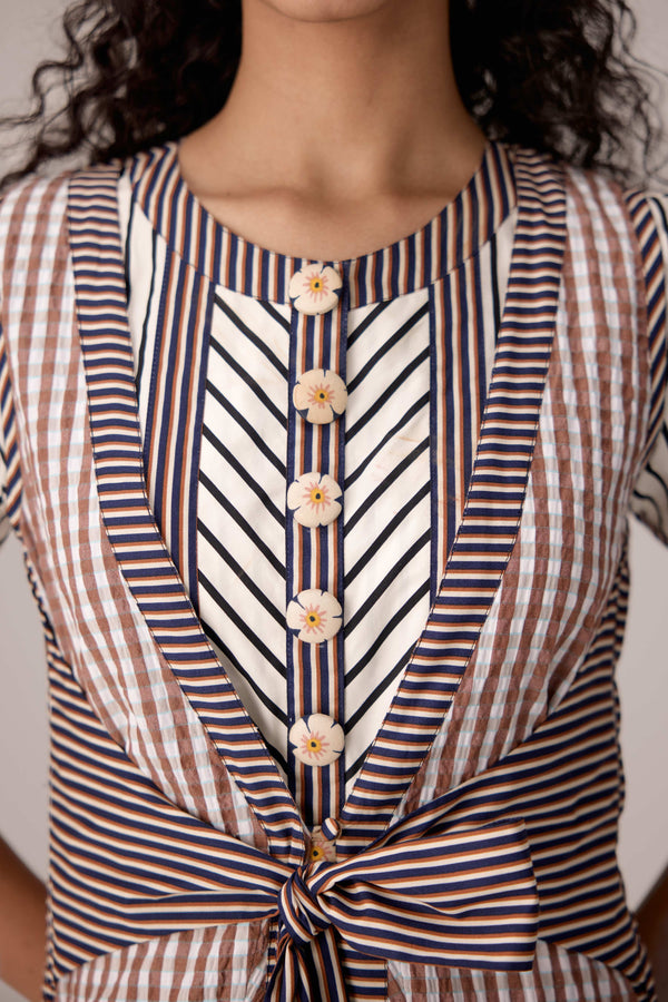 Panelled cotton maxi dress with buttoned front detailing paired with an open tie-up overlay.