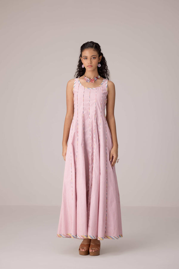 Blush pink panelled dress with contrast striped cord piping paired