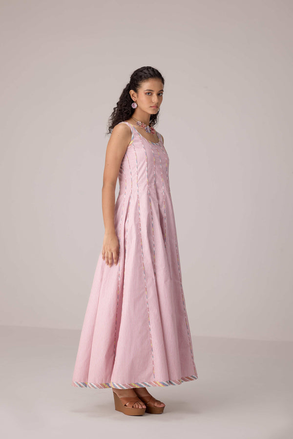 Blush pink panelled dress with contrast striped cord piping paired