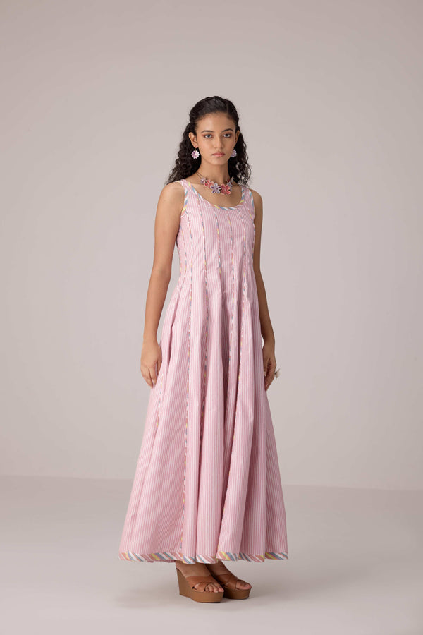 Blush pink panelled dress with contrast striped cord piping paired