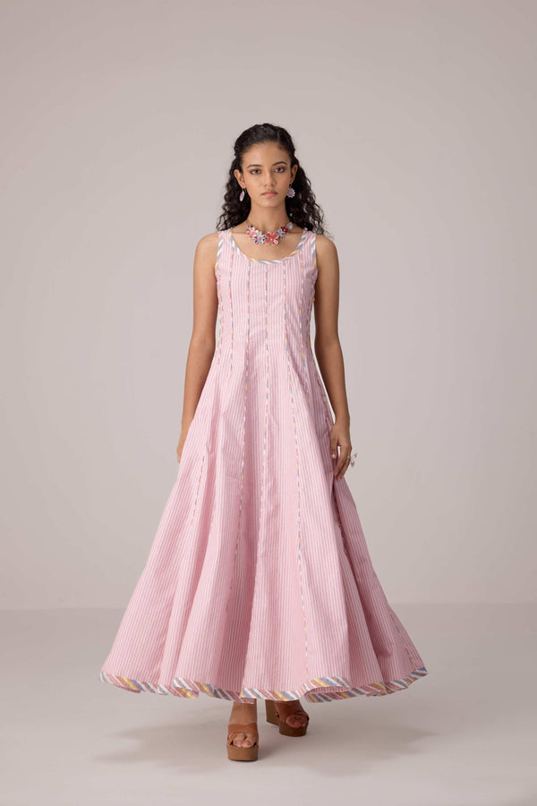 Blush pink panelled dress with contrast striped cord piping paired