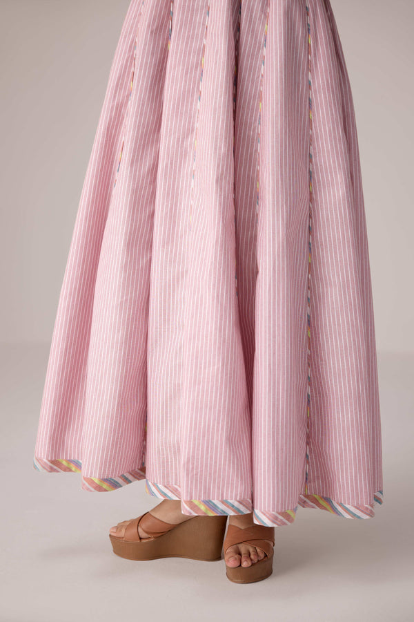 Blush pink panelled dress with contrast striped cord piping paired