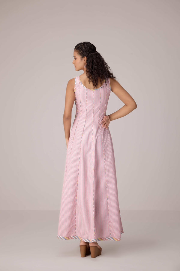 Blush pink panelled dress with contrast striped cord piping paired