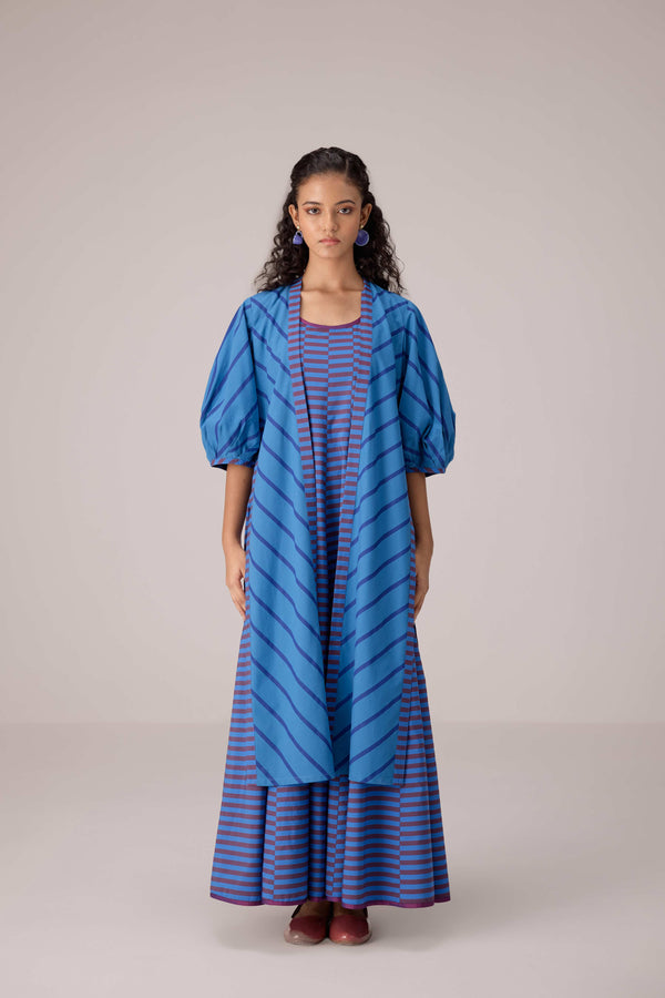 Blue striped cotton ensemble with open front overlay
