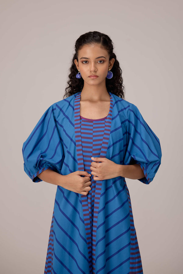 Blue striped cotton ensemble with open front overlay