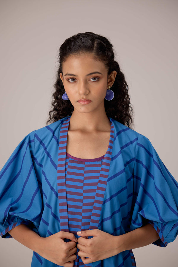 Blue striped cotton ensemble with open front overlay