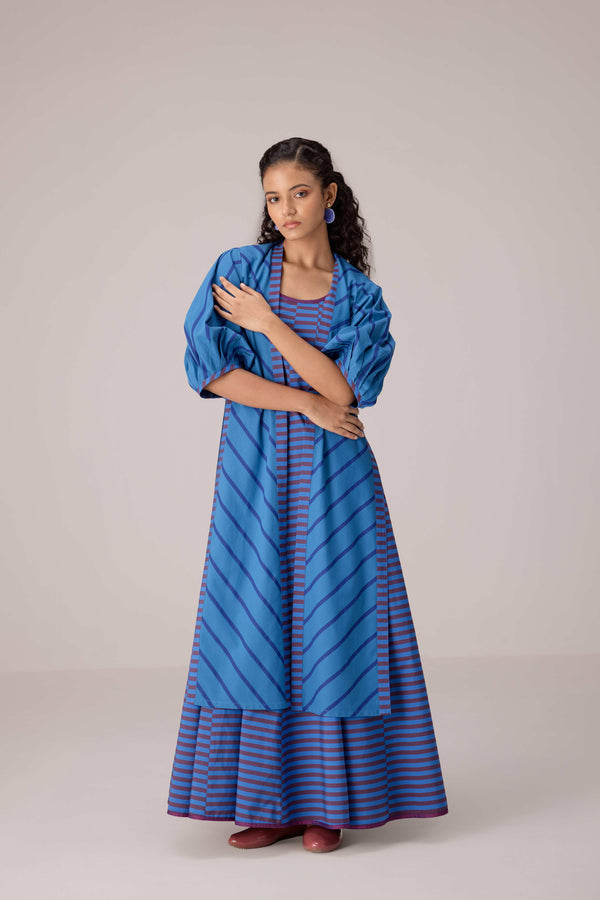 Blue striped cotton ensemble with open front overlay