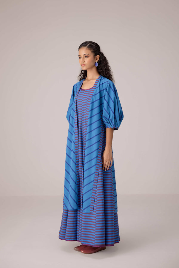Blue striped cotton ensemble with open front overlay