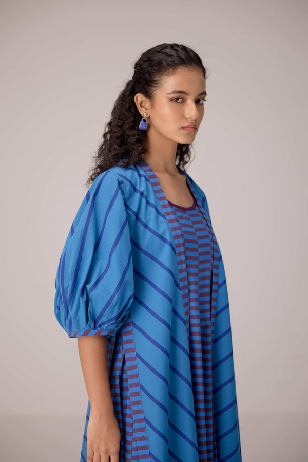 Blue striped cotton ensemble with open front overlay
