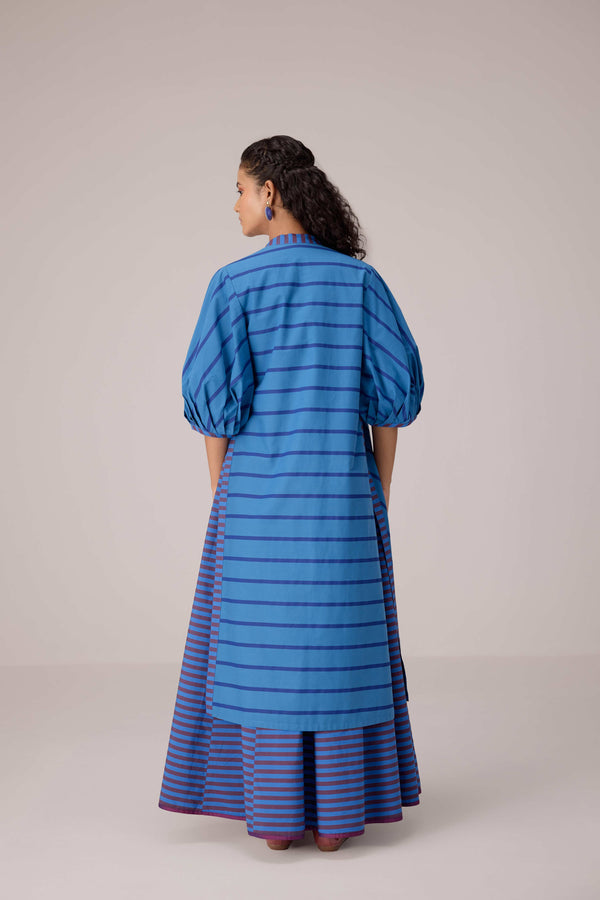 Blue striped cotton ensemble with open front overlay