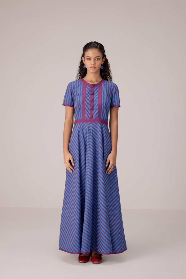 Blue and magenta striped full length fit and flare cotton dress