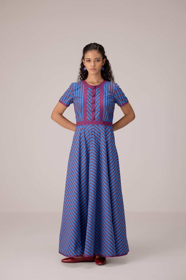 Blue and magenta striped full length fit and flare cotton dress
