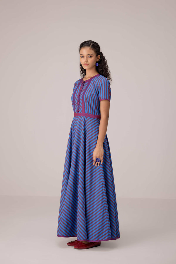 Blue and magenta striped full length fit and flare cotton dress