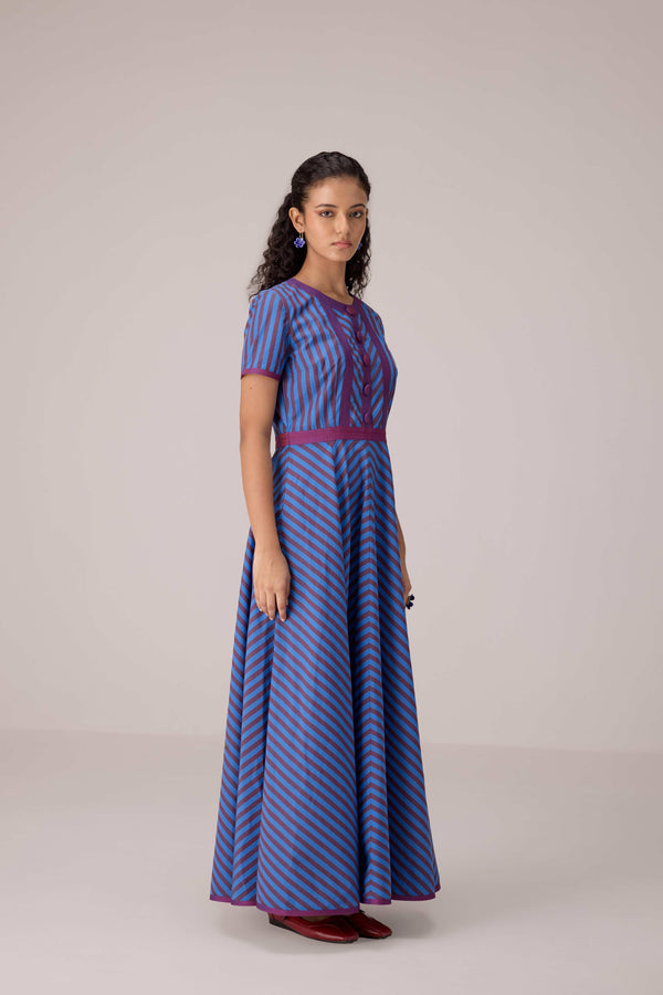 Blue and magenta striped full length fit and flare cotton dress