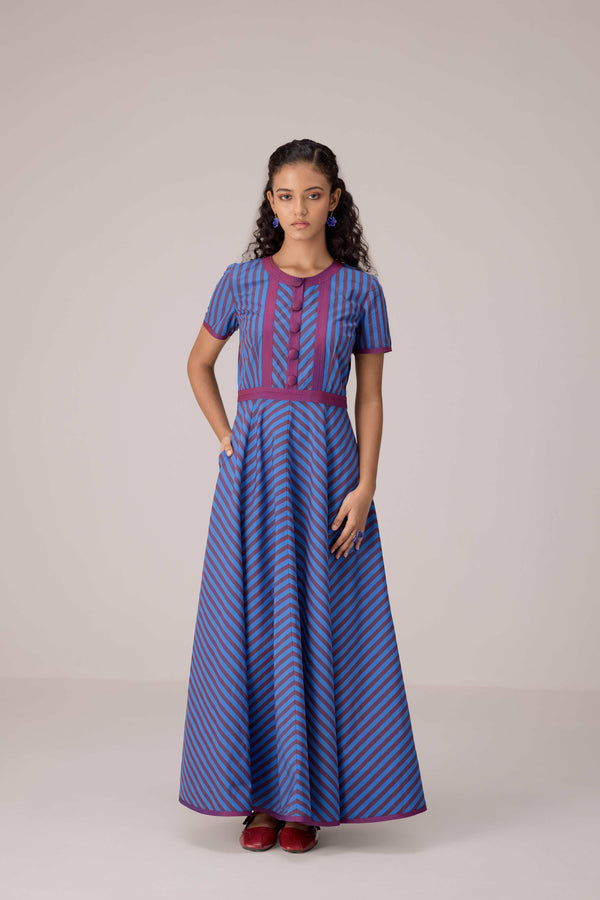 Blue and magenta striped full length fit and flare cotton dress