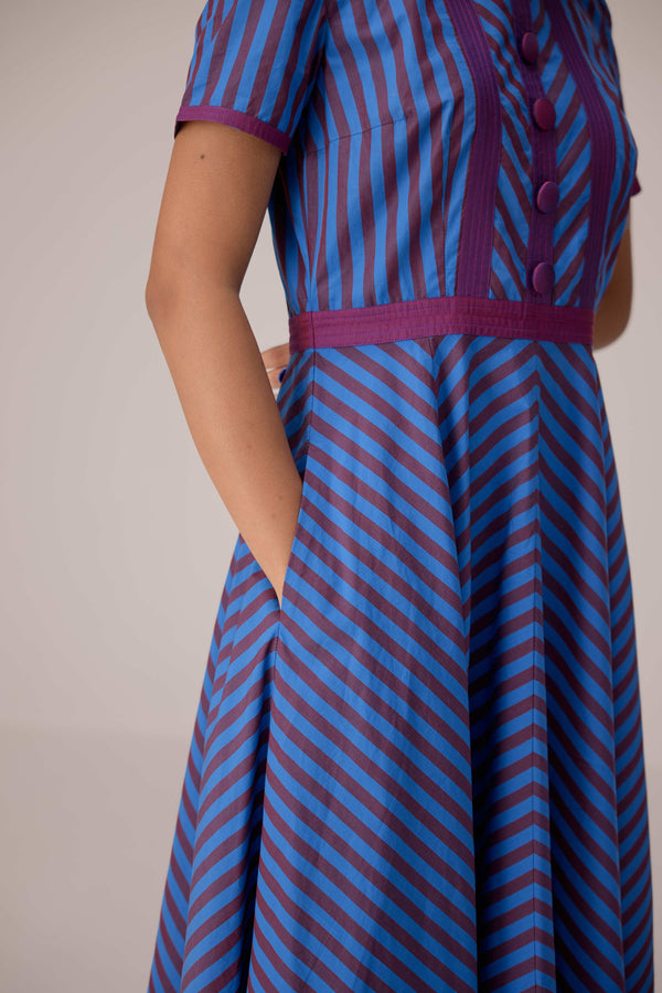 Blue and magenta striped full length fit and flare cotton dress