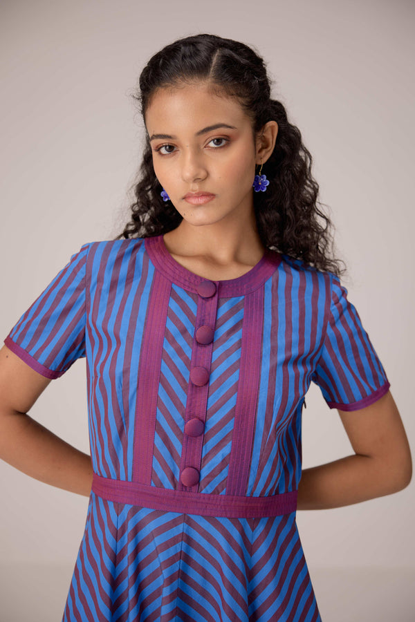 Blue and magenta striped full length fit and flare cotton dress