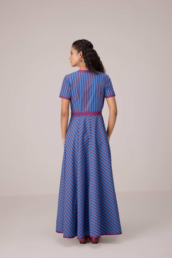 Blue and magenta striped full length fit and flare cotton dress