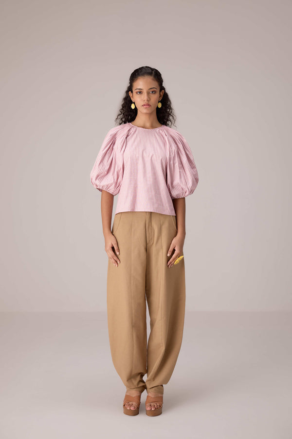Striped puff sleeved blouse with high waisted barrel pants in cotton linen
