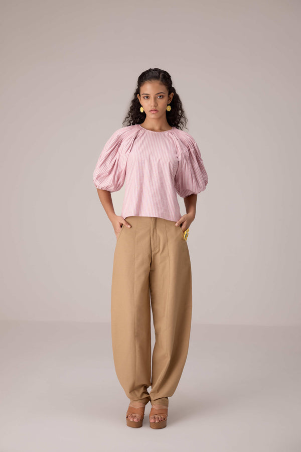 Striped puff sleeved blouse with high waisted barrel pants in cotton linen