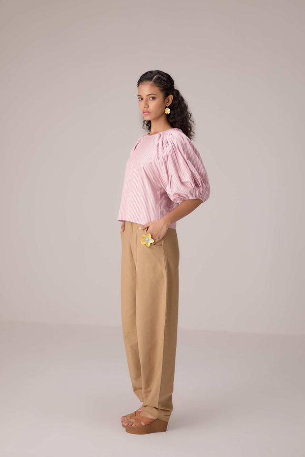 Striped puff sleeved blouse with high waisted barrel pants in cotton linen