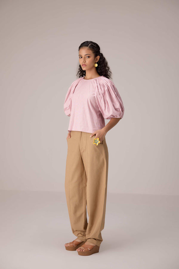 Striped puff sleeved blouse with high waisted barrel pants in cotton linen
