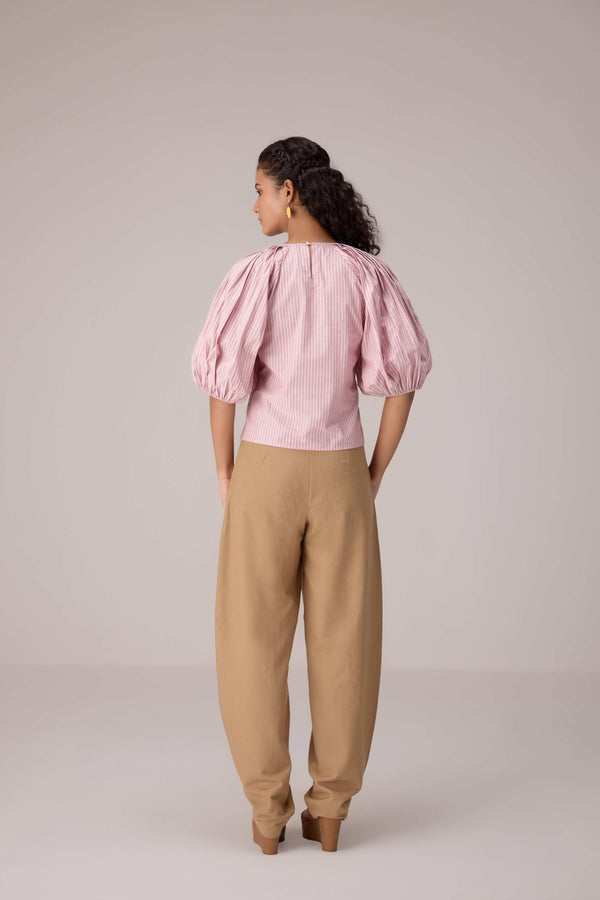 Striped puff sleeved blouse with high waisted barrel pants in cotton linen