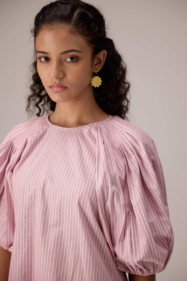 Striped puff sleeved blouse with high waisted barrel pants in cotton linen