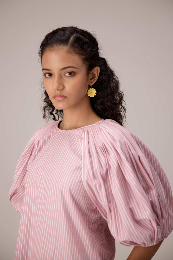 Striped puff sleeved blouse with high waisted barrel pants in cotton linen