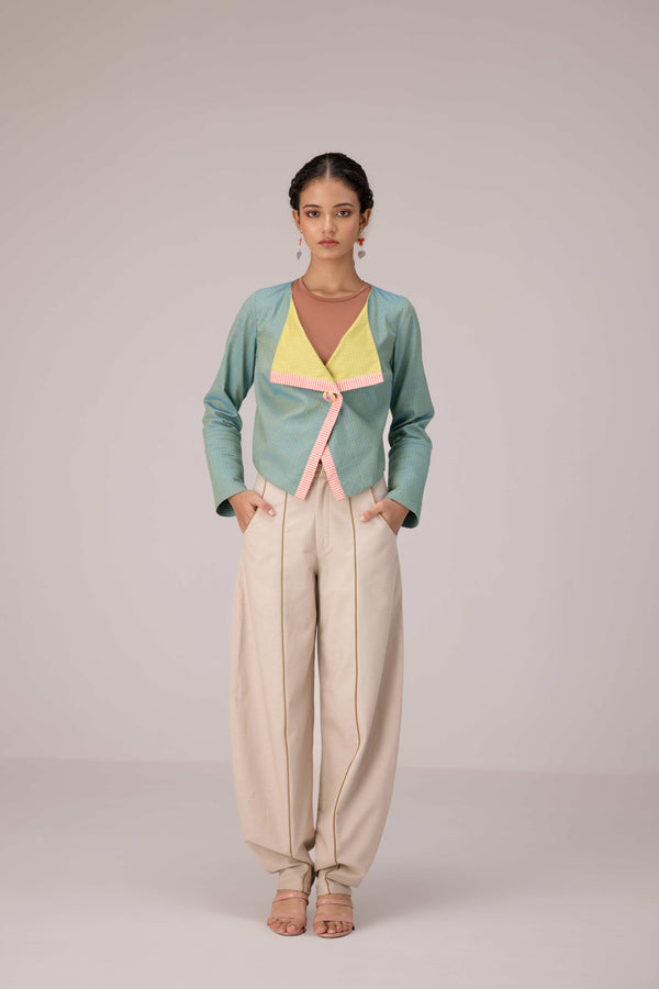 Teal wrapped jacket with barrel trousers