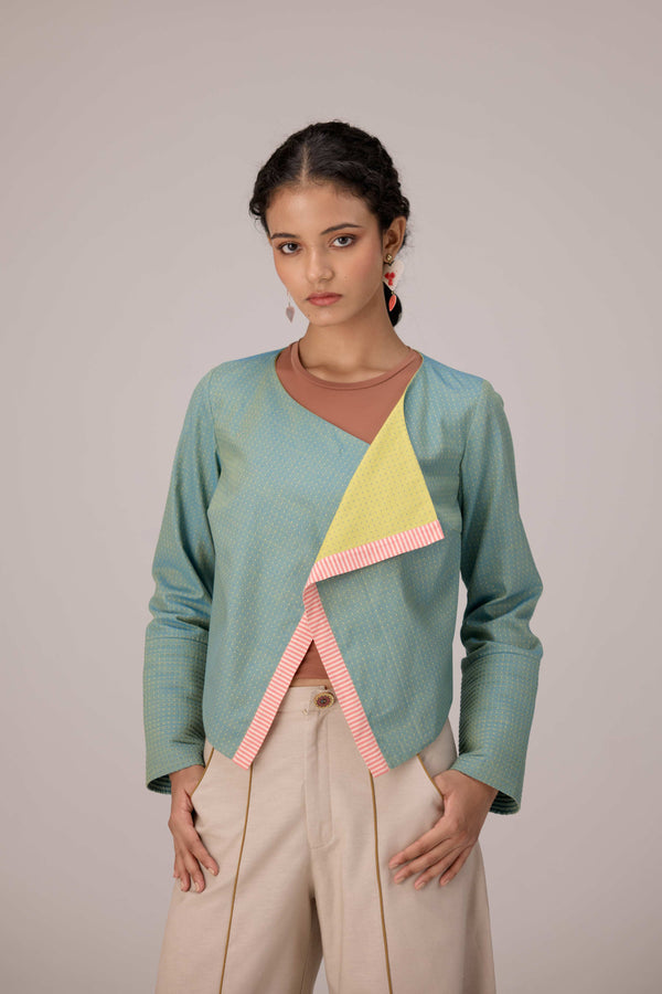 Teal wrapped jacket with barrel trousers