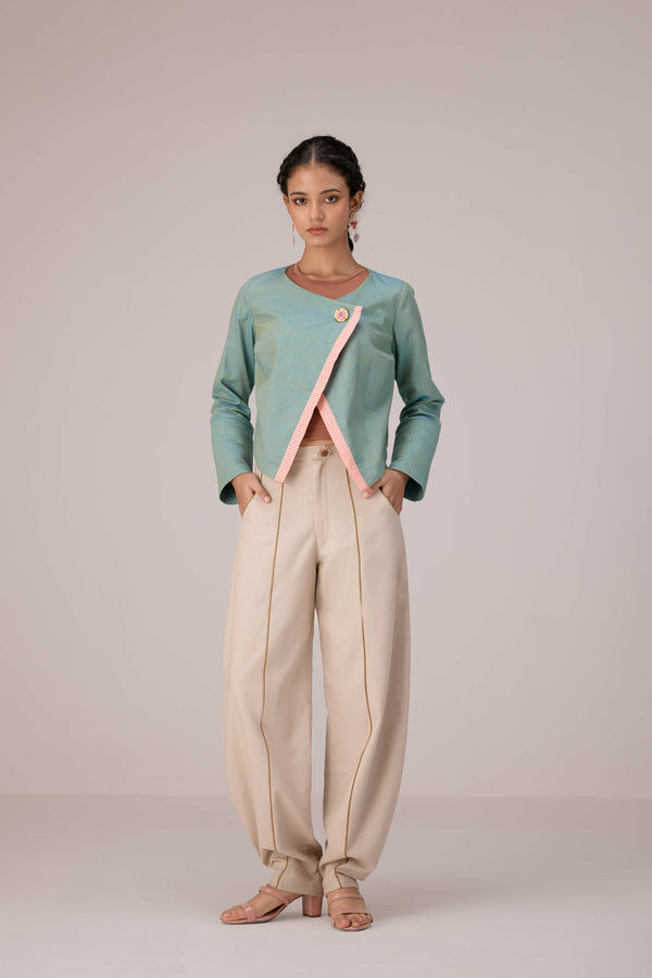 Teal wrapped jacket with barrel trousers