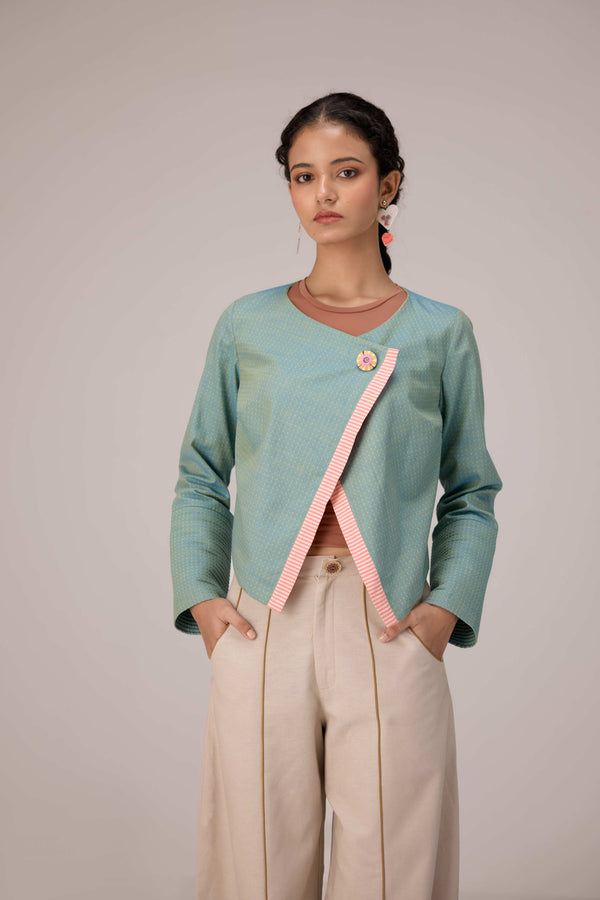 Teal wrapped jacket with barrel trousers