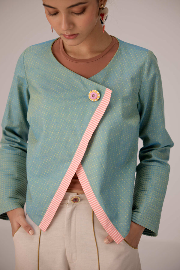 Teal wrapped jacket with barrel trousers