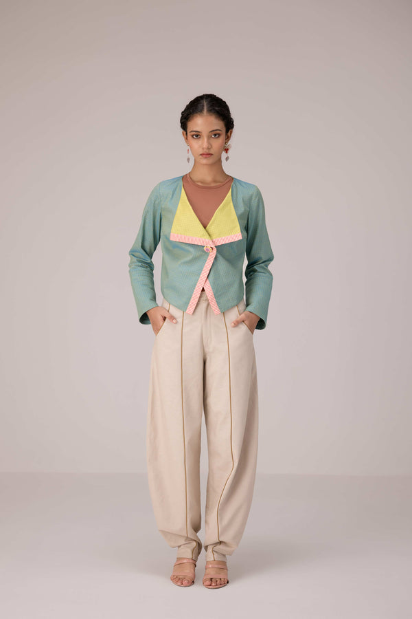 Teal wrapped jacket with barrel trousers