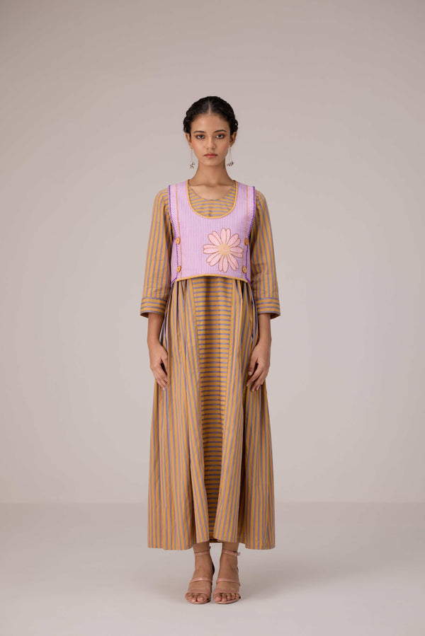 Cropped lilac striped overlay with applique embroidered jacket with pleated cotton maxi dress