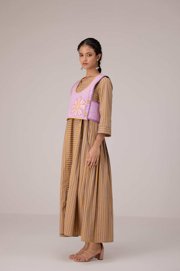 Cropped lilac striped overlay with applique embroidered jacket with pleated cotton maxi dress