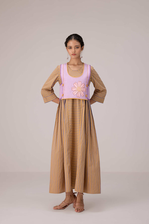 Cropped lilac striped overlay with applique embroidered jacket with pleated cotton maxi dress