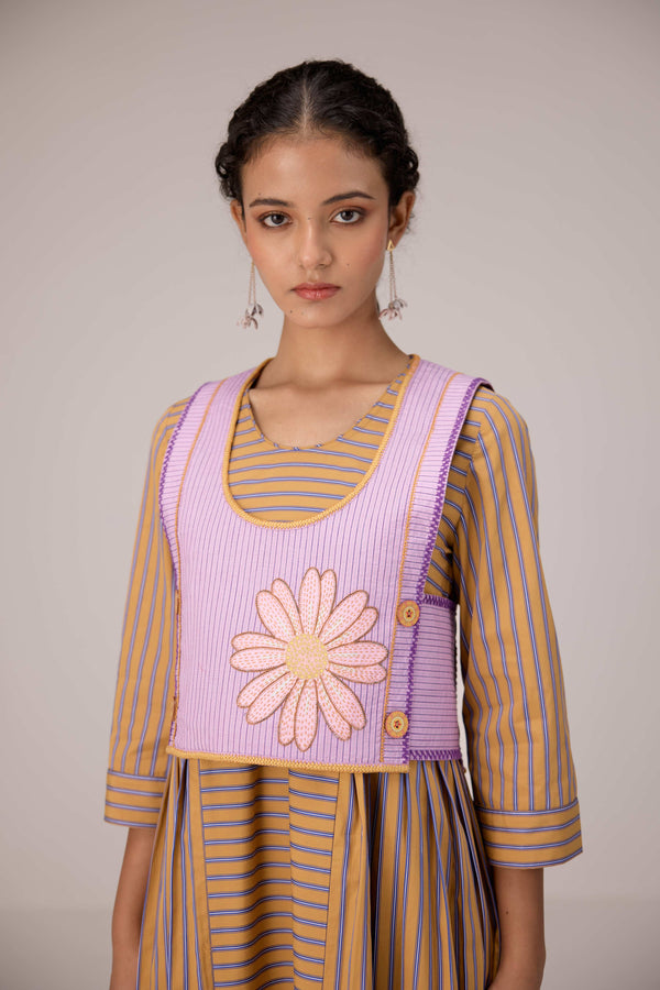 Cropped lilac striped overlay with applique embroidered jacket with pleated cotton maxi dress