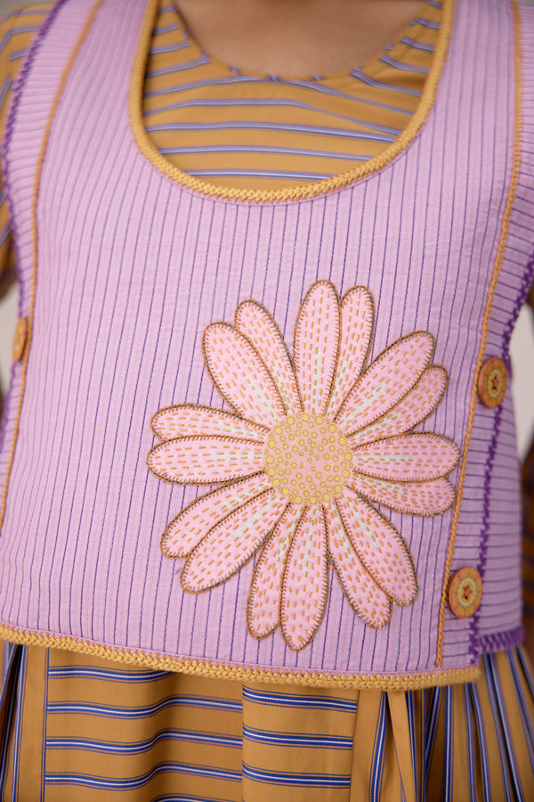 Cropped lilac striped overlay with applique embroidered jacket with pleated cotton maxi dress