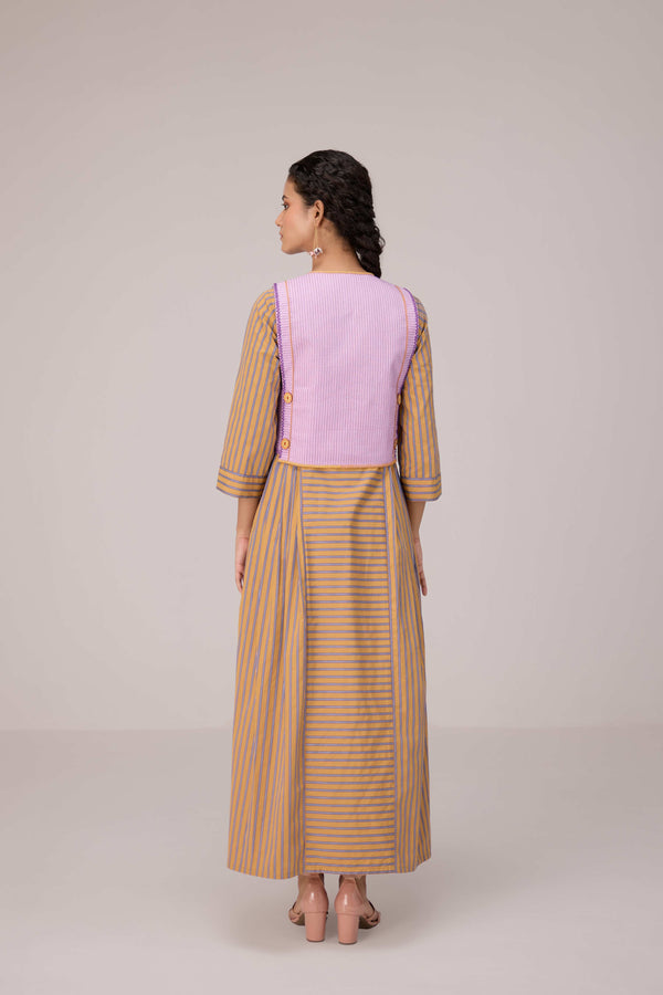 Cropped lilac striped overlay with applique embroidered jacket with pleated cotton maxi dress