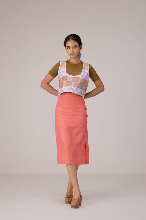 Patchwork vest top. High waisted pencil skirt in linen with buttons down the sides