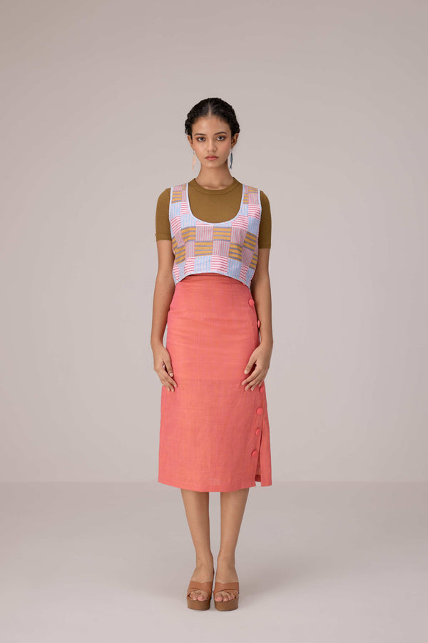 Patchwork vest top. High waisted pencil skirt in linen with buttons down the sides