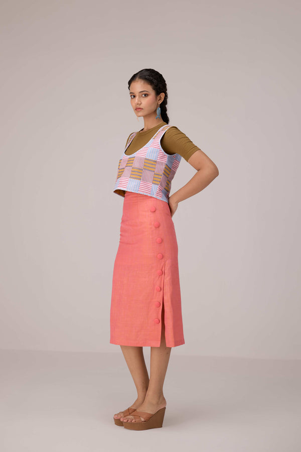 Patchwork vest top. High waisted pencil skirt in linen with buttons down the sides