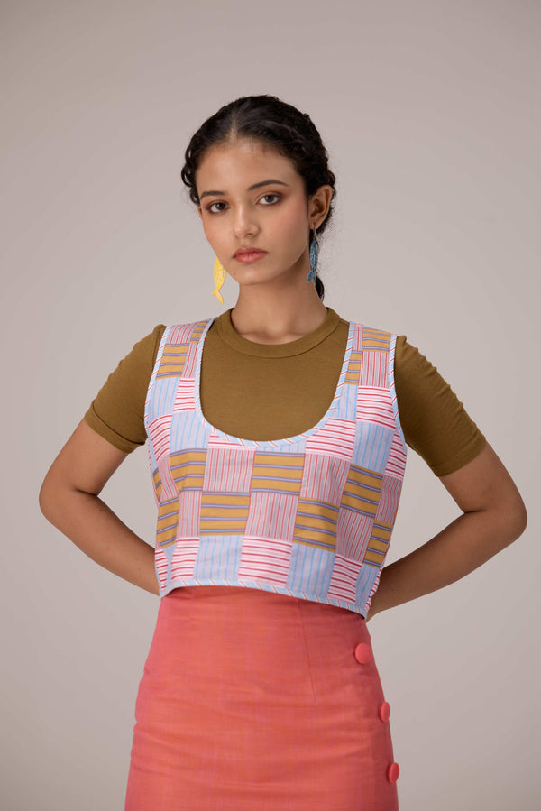 Patchwork vest top. High waisted pencil skirt in linen with buttons down the sides