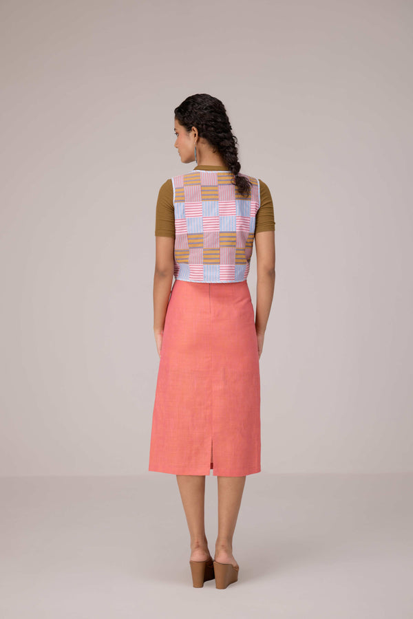 Patchwork vest top. High waisted pencil skirt in linen with buttons down the sides
