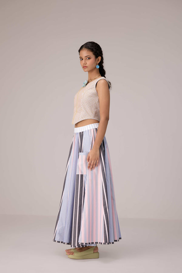 Wrapped jacket with quilted striped corset top paired with cotton polpin skirt