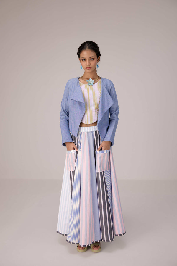 Quilted striped corset top paired with cotton multi striped polpin skirt