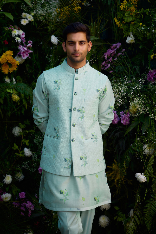 Aqua Blue Kurta & Waistcoat Set