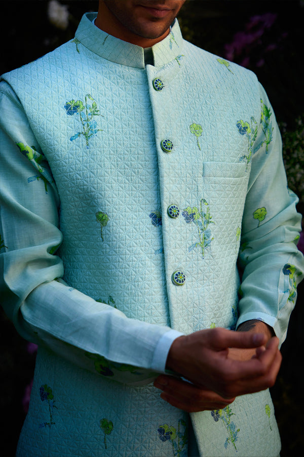 Aqua Blue Kurta & Waistcoat Set